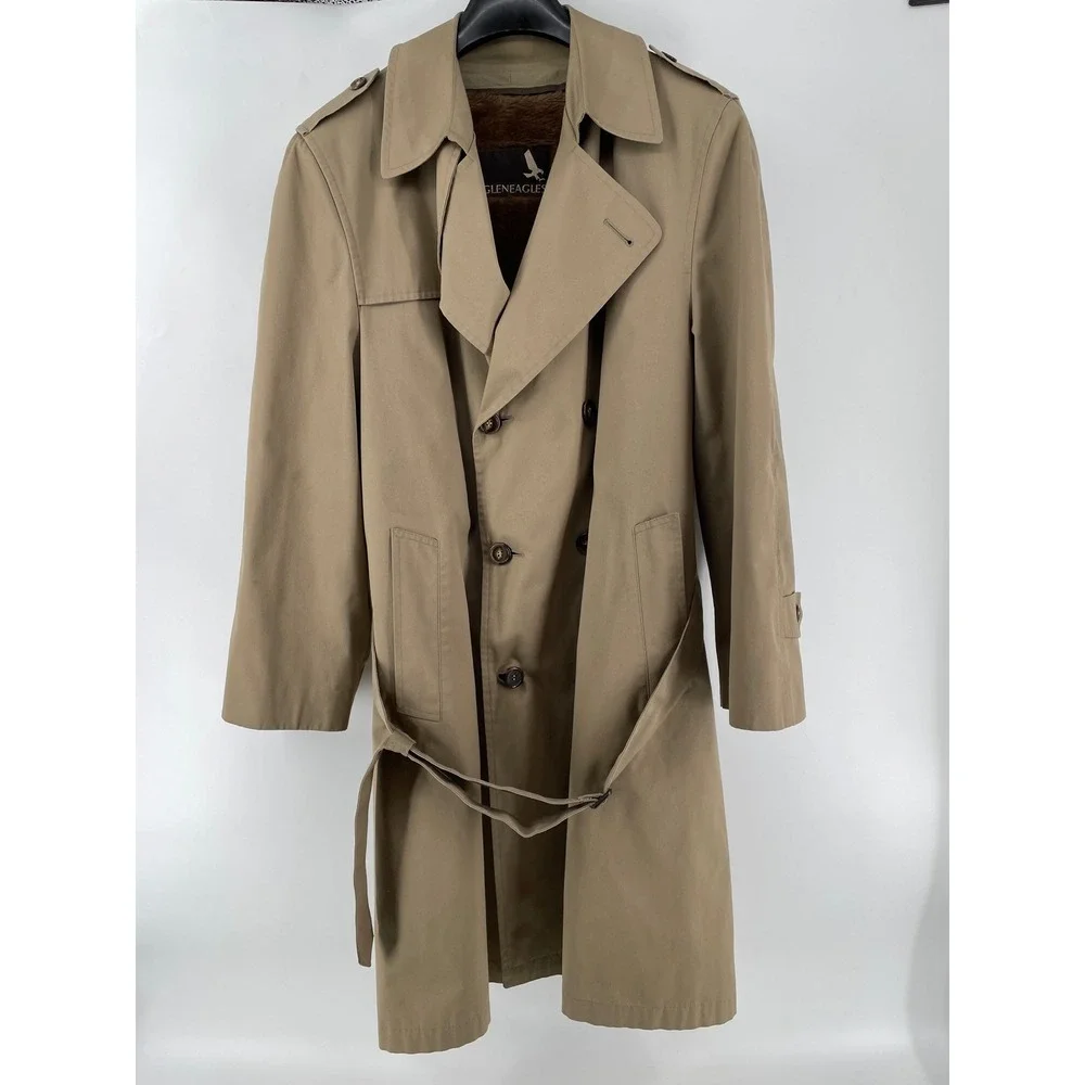 Vintage Gleneagles Trench Coat Men 44R Tan Faux Fur Lined Belted Double Breasted
